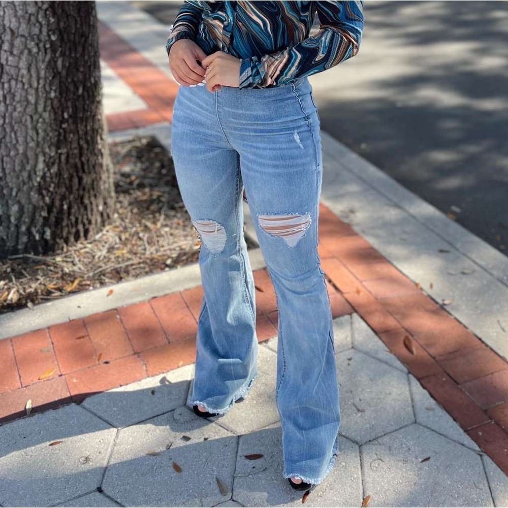 Flared + Frayed Baby Blue Jeans